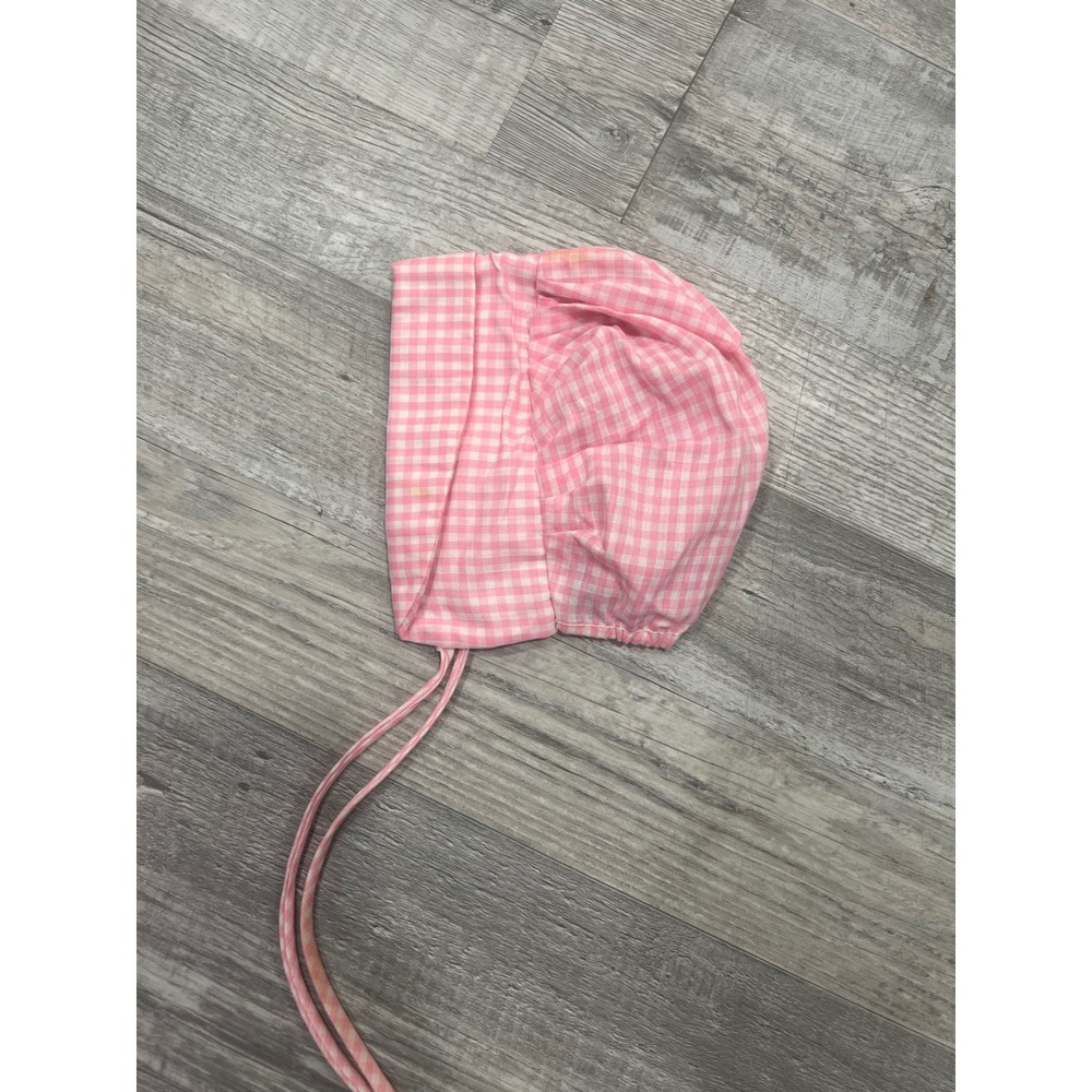 Vintage Style Pink Gingham Baby Bonnet Infant Sun Hat with Chin Ties